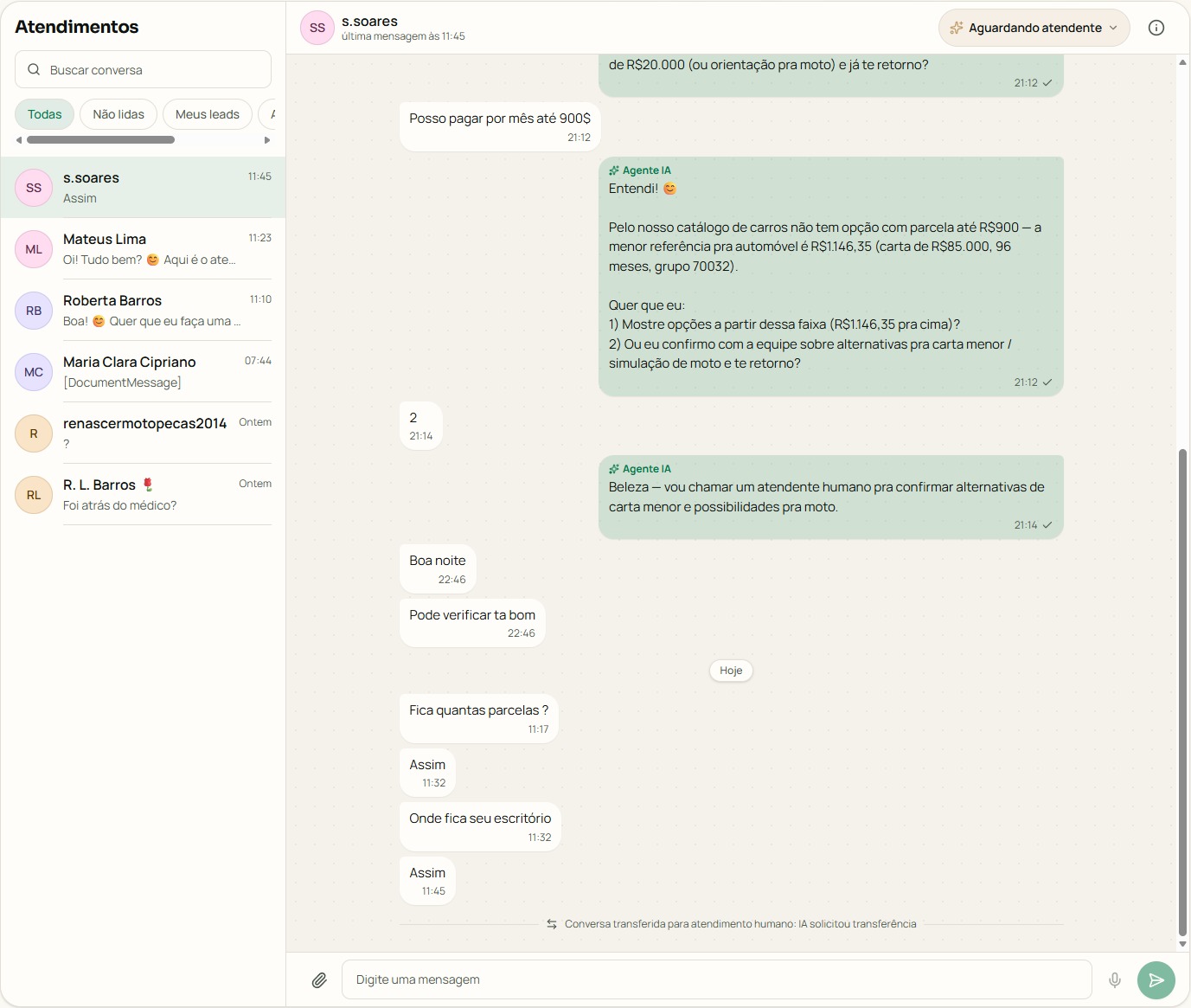 Tela de Atendimentos do PrimeVendas com conversas do WhatsApp e respostas do Agente IA